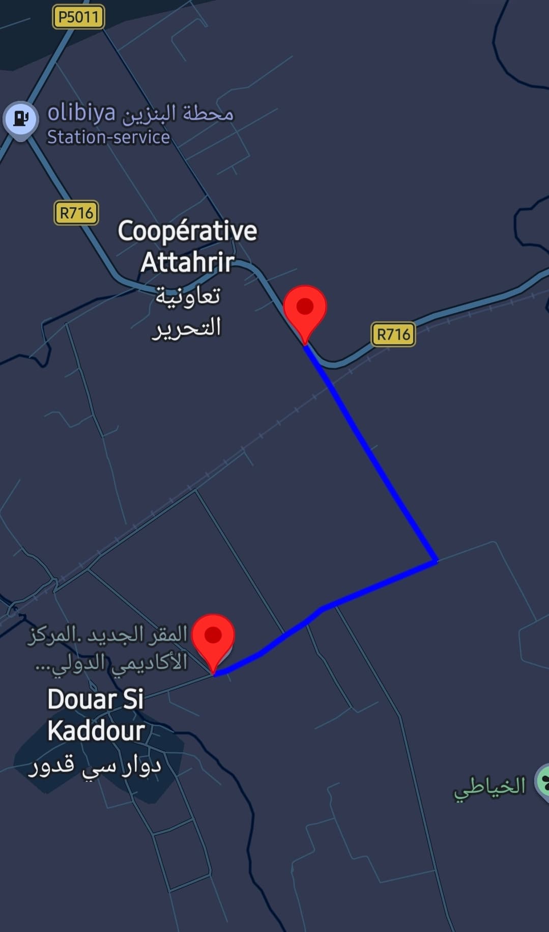 خريطة تُظهر المسار من نقطة الالتقاء على الطريق R716 إلى مقر المركز قرب دوار سي قدور.